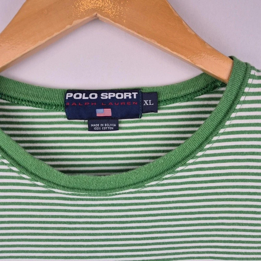 Polo Sport Ralph Lauren Men's XL Green Stripe Tee Vtg 90s‎ USA Flag Faded Logo